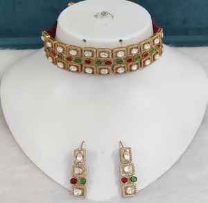 Conjunto de gargantilla de latón y moissanita de calidad premium con cuentas Polki e Hydro Beads, joyería minimalista perfecta para bodas y fiestas. - Product Image 5