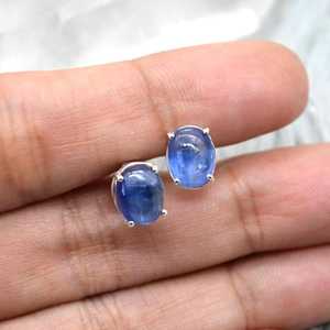 Kyanite <b>Stud</b> <b>Earrings</b> Sterling Silver Minimalist Oval <b>Blue</b> Gemstone Handmade Jewelry Gift For Women - Product Image 2