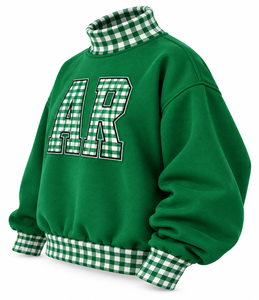 OEM Custom Women’s Autumn Mock Neck Pullover Gingham <b>Letter</b> Patch <b>Applique</b> Oversized Sweatshirt - Product Image 3