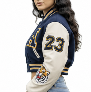 Custom Women's Cropped Varsity <b>Jacket</b> Embroidered Patchwork Sleeves Cotton Filling Windproof <b>Waterproof</b> OEM ODM Manufacturer - Product Image 4