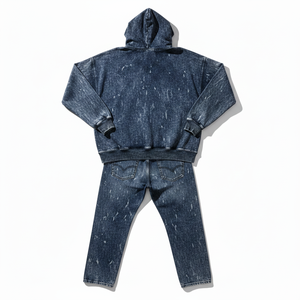Conjunto de Sudadera con Capucha y Jeans Desgastados de Mezclilla con Lavado Ácido para Hombre, Estilo Urbano, Estampado Gráfico Vintage, Traje Deportivo de Mezclilla Hip Hop - Product Image 2