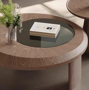 Modern Minimalist <b>Nesting</b> Coffee <b>Table</b> Set Two Sunburst Wood Pattern Black Glass Insert Durable Eco-Friendly for Living Room - Product Image 3