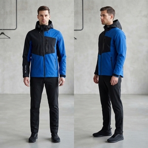 Chaqueta cortavientos con capucha para hombre, azul y negra, con bloques de color, cremallera completa, para deportes al aire libre y senderismo, con bolsillos. - Product Image 2