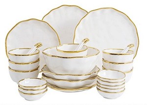 Juego de vajilla de 2/4/6/8 personas, estilo ligero y lujoso con borde dorado, elegantes bordes ondulados, libre de BPA, resistente a la decoloración, ideal para regalar en el hogar. - Product Image 2