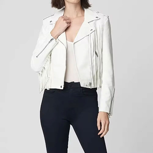 Blouson moto en similicuir blanc avec détails à pampilles, fermeture éclair, col cranté, coupe courte, vêtement d'extérieur décontracté pour femme - Product Image 1