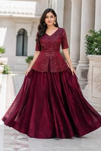 Conjunto de Lehenga de Diseñador para Mujer, Azul y Marrón, Bordado, para Fiesta, Estilo Fusion - Product Image 3