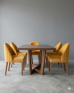 Ensemble de table à manger en teck massif 6 places avec chaises rembourrées couleur moutarde, mobilier de salle à manger moderne minimaliste pour restaurant et hôtel - Product Image 3