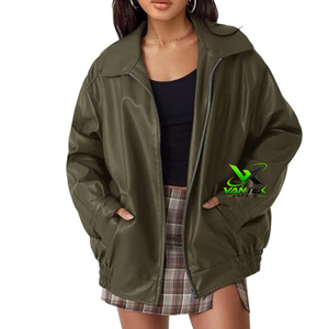 Blouson décontracté en similicuir PU noir tressé pour femme, col rabattu, fermeture éclair, avec poches, coupe ample, printemps-hiver - Product Image 5
