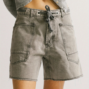 Shorts cargo personnalisables pour femme, taille mi-haute, cordon de serrage, coupe droite, en coton délavé, style décontracté, logo personnalisé, 160g - Product Image 5