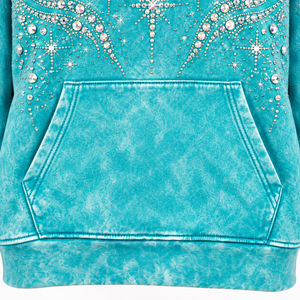 Custom Rhinestone Embellished <b>Zip</b>-Up Breathable <b>Pocket</b> Oversized <b>Hoodie</b> Turquoise French Terry Unisex Streetwear Autumn Wear - Product Image 3