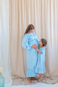 Robe en lin bleu clair mère et fille, tenue de soirée assortie avec boutons avant et bandeau élastique doux sur les épaules nues, mignon - Product Image 3