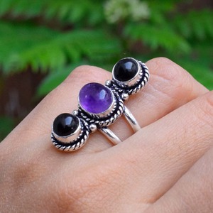 Amethyst & Black Onyx Gemstone <b>Ring</b> Handmade Boho Celestial Jewelry Natural Amethyst <b>Ring</b> <b>Statement</b> <b>Ring</b> - Product Image 3