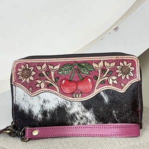 Cartera de Lujo con Patrón de Cerezas y Grabado en Relieve, de Cuero Genuino de Vaca, con Cremallera Perimetral y Correa de Muñeca, Organizador para Mujer - Product Image 4