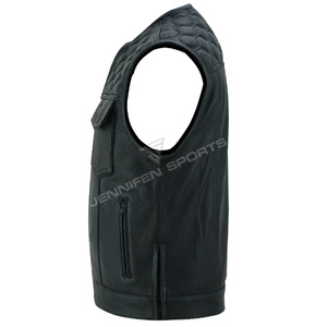 Gilet de moto en cuir véritable pour homme, coupe diamant, fermeture éclair, plusieurs poches, doublure intérieure en polyester - Product Image 4