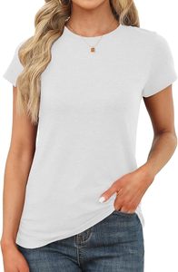 Women's <b>White</b> Crew <b>Neck</b> Short Sleeve <b>T</b>-<b>Shirt</b> Regular Fit Solid Color Cotton Jersey Casual Top Spring Summer Wear - Product Image 3