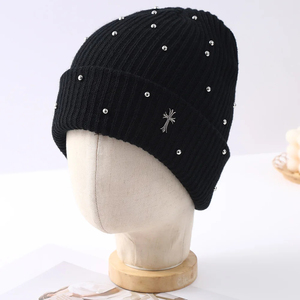 Luxury Shiny Rhinestone Cross Decoration Beanie Winter Daily Cuffed Ribbed Knit <b>Hat</b> - Product Image 2