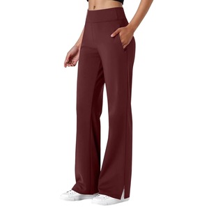 High Waist Full Length Flared Leg Yoga Pants With Pockets Solid <b>Burgundy</b> Elastic Waist Stretch Women's Activewear - Product Image 2