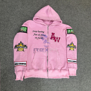 Prefect Cutting Sport Edition Zipper Distressed Hoodie Rhinestone Zip up Jacket Acid Wash  Men Fleece Streetwear Hoodie - Product Image 6