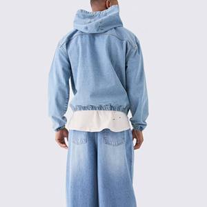 French Terry Oversize Heavyweight Thick Drop Shoulder Jean Denim Hoodie Elastic Stretchable <b>Raincoat</b> Jeans <b>Men</b> Hooded Breathable - Product Image 5