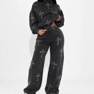 Unisex Black Cross Print Hooded Sweatshirt <b>Jogger</b> Set Full Sleeve Loose Fit Casual Tracksuit Winter Spandex Material - Product Image 1