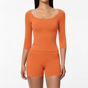 Women’s Athletic Two Piece Set <b>Long</b> <b>Sleeve</b> <b>Top</b> and Fitted Shorts Stretch <b>Workout</b> Fitness Training Apparel Manufacturer - Product Image 5
