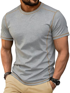 Camiseta de Manga Corta para Hombre, Cuello Redondo, Color Gris, Corte Ajustado, Ribete en Contraste, Estilo Casual, Tejido de Punto, Color Sólido - Product Image 1