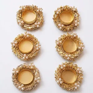 Round Gold <b>Tea</b> <b>Light</b> <b>Holder</b> with Pearl and Floral Design for Wedding Home Decoration Pearl Decorative Candle Stand Tealight - Product Image 4