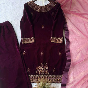 Front and Back Embroidered Velvet <b>Kurti</b> Palazzo Set with Twill Net Dupatta Elegant Fully Stitched Luxury Festive Party Wear - Product Image 1