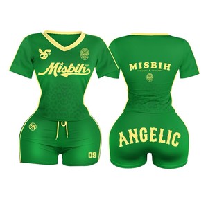 Ensemble décontracté deux pièces pour femme en coton respirant, avec t-shirt court à manches raglan color block et short taille haute TAHAD (ODM/OEM) - Product Image 5