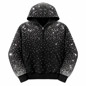 Sweat à capuche demi-zippé personnalisé avec strass de qualité supérieure, look tendance, 100 % coton molletonné, unisexe - Product Image 2