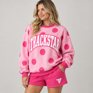 Conjunto Deportivo Casual Personalizado de 2 Piezas para Mujer, con Cuello Redondo y Estampado de Puntos Grandes en Color Rosa - Product Image 4