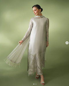 Elegant Women's Silver Silk Salwar Kameez With Embroidery Traditional Indian Pakistani Wedding Wear Regular Fit All Seasons - Product Image 1