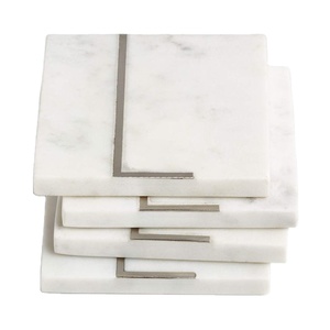 Ensemble de 4 dessous-de-verre carrés en marbre naturel blanc pur et métal blanc brillant, vaisselle de cuisine, vaisselle de salle à manger, style américain - Product Image 1