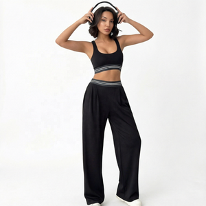 Women Yoga Set <b>White</b> Crop Top Wide Leg Pants High Waist V-Shaped Spandex/Polyester Breathable <b>2</b> <b>Piece</b> Activewear Racerback - Product Image 4