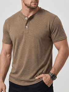Men's Short Sleeve V-Neck Button-<b>Up</b> T-Shirt Solid Color Jersey Knitted Cotton Blend Casual Regular Fit Breathable 180g Top - Product Image 4