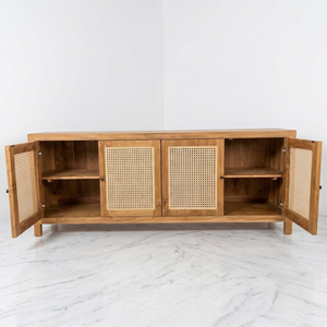 Rattan Cane <b>Sideboard</b> Solid Teak Wood 4 Door Buffet Woven Panel Round Knob Straight Leg Dining Room Storage Cabinet Furniture - Product Image 3