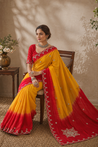 "Wholesale Indian Yellow <b>Red</b> Tie Dye Silk Organza <b>Saree</b> Hand Embroidered Bridal Wedding Wear Sari Partywear Women Clothing" - Product Image 3