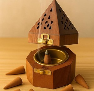<b>Decorative</b> Solid Wood Incense Censer Holder With Unique Geometric Carved Panels Covered Lid And Inner Metal Bowl For Dhoop Batti - Product Image 1