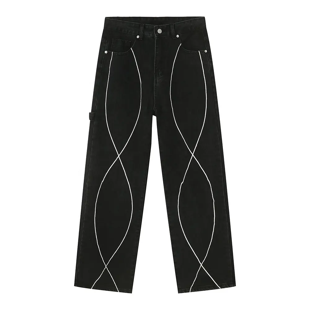 جينز رجالي دينم مغسول أسود مخصص للشارع جينز هيب هوب جينز بايكر