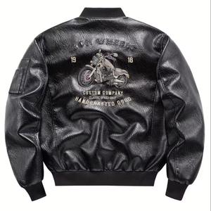 Large Size Motorcycle Embroidery Stand Collar Slim Fit Leather Jacket Men's Fashion Brand Biker Clothing Flight Fleece - Product Image 1