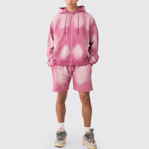 Ensemble de jogging décontracté pour homme en molleton 100 % coton respirant, brodé, délavé à l'acide, avec short et haut à manches longues zippé effet usé - Product Image 2