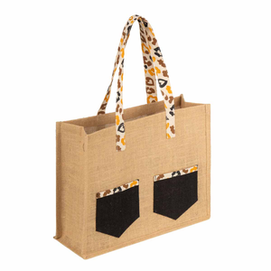 Jute Fashion Shopping <b>Bag</b> <b>Medium</b> <b>Size</b> Geometric Pattern Zipper Closure pp Webbing Handle for Groceries - Product Image 1