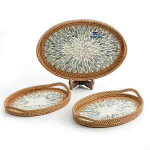 Bandeja de ratán de nácar decorativa natural hecha a mano, ratán hecho a mano de forma ovalada con bandejas con incrustaciones de nácar - Product Image 3