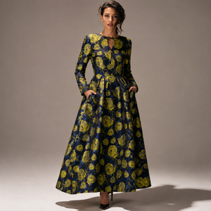 Wholesale Women Dress Elegant Floral Print A-Line Maxi Dress With Full Sleeves V-Neck Satin Fabric Autumn Evening <b>Gown</b> - Product Image 1