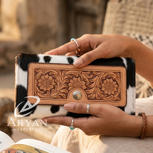 Women's Black Tooled Leather Clutch Carved Leather Hair On Hide <b>Wallet</b>/Clutch Personalizes Western Cowgirl Purse Gift For Her - Product Image 1