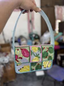Orange <b>White</b> Beaded <b>Clutch</b> <b>Bag</b> Cotton Fashion Single Animal Print Stripes Hand Embroidery Magnetic Closure Cross-Body Durable - Product Image 2