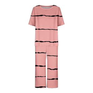 Conjunto de Pijama de Punto a Rayas Rosas para Mujer, Manga Corta, Cuello Redondo, Ropa de Dormir Informal de Verano, Cintura Elástica, Pantalón de Tres Cuartos - Product Image 1