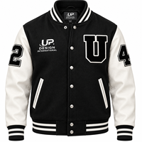 Veste universitaire personnalisée noire et blanche avec manches en cuir, logo brodé, veste de baseball Letterman, streetwear OEM