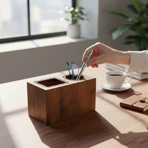 Porte-stylo en bois sculpté à la main, design traditionnel élégant et multifonctionnel, organisateur de papeterie de bureau pour mariage et espace de travail - Product Image 3