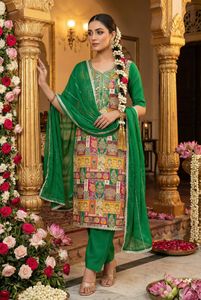 Viscose Banarasi <b>Kurta</b> Set with Hand Work Nazmin Dupatta Rayon Bottom Cotton Inner Ethnic Suit Festive Wedding Wear for <b>Women</b> - Product Image 3